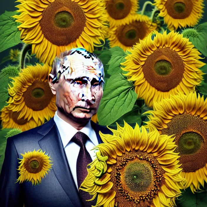 Image similar to photo portrait of Vladimir Putin - sunflowers - dressed in leisure shirt with ornamental ethereal sunflower pattern, natural skin tone, highly detailed realistic flowers ornament on the shirt, raging war and explosions in the background, eyebrows and wrinkles are intricate and highly detailed, elegant, Realistic, Refined, Highly Detailed, natural soft pastel lighting colors scheme, fine art photography by Cecil Beaton, volumetric lighting, hyper realistic photography