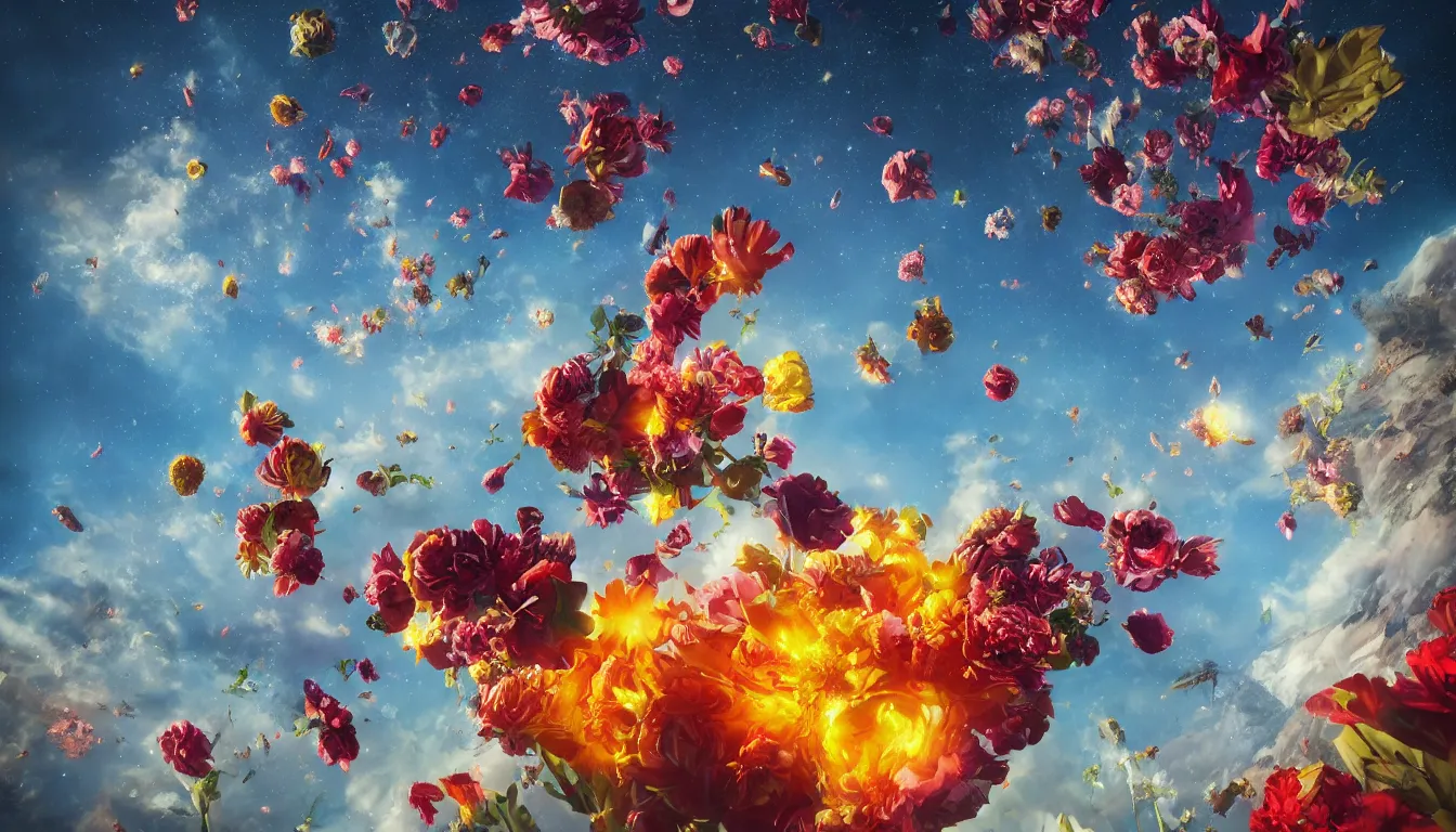 Image similar to An epic fantastic realism comic book style painting of the most beautiful flowers launched into space, bouquets, fisheye lens, the Earth is forming, unreal 5, DAZ, hyperrealistic, octane render, dynamic lighting