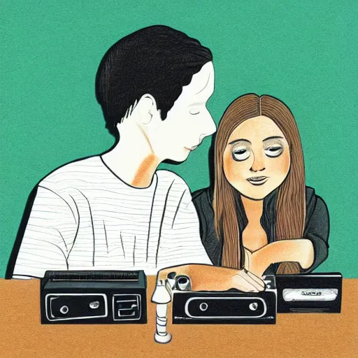 Prompt: a pencil drawing of a girl and her boyfriend listening to a cassette player