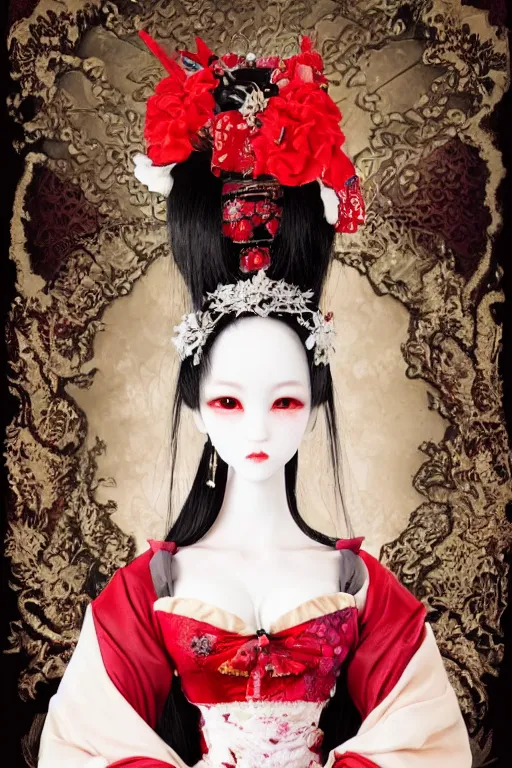 Image similar to high angle photo an avant - garde japanese bjd geisha vampire queen in a victorian red dress in the style of dark - fantasy lolita fashion painted by yoshitaka amano, takato yamamoto, ayami kojima, dmt art, symmetrical vogue face portrait, intricate detail, artstation, cgsociety, artgerm, gold skulls, rococo