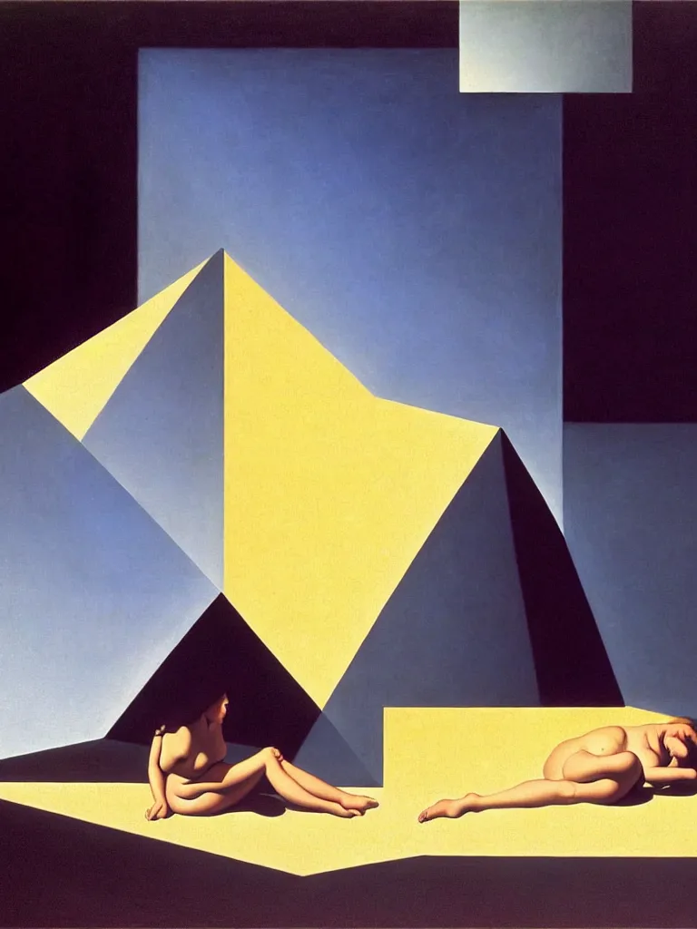 Image similar to hyperrealistic still life wide shot a woman sitting on the ground relaxing, sacred geometry, light refracting through prisms, by caravaggio, surrealism, vivid colors, serene, golden ratio, rule of thirds, negative space, minimalist composition, by rene magritte and james turrell