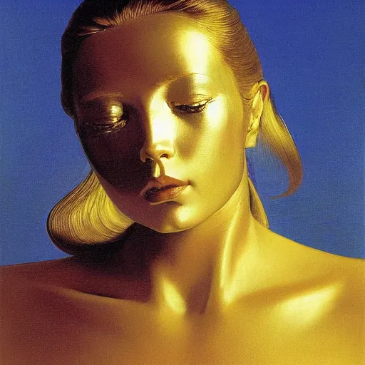 Image similar to a chrome woman's face in flowing sheets of cobalt blue gold chrome silver satin, by moebius syd mead roger dean wojciech siudmak donato giancola yoshitaka amano ivan aivazovsky jan de heem pieter claesz paul delaroche alma tadema aelbert cuyp willem claesz, hyperrealistic volumetric light render