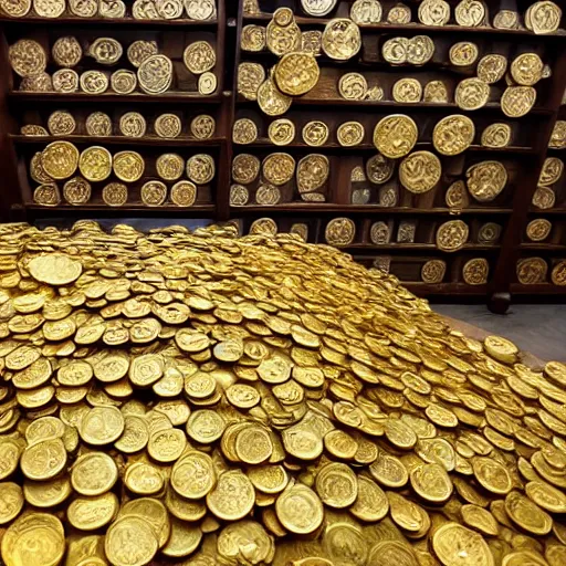 Image similar to large treasure room filled with piles of gold coins