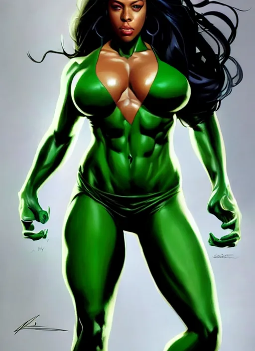 Image similar to full body portrait of marvel cinematic universe aaliyah haughton, she hulk, elegant, green skin, super hero, highly detailed!! digital painting, artstation, glamor pose, concept art, sharp focus, illustration, art by artgerm and greg rutkowski, artey freytag