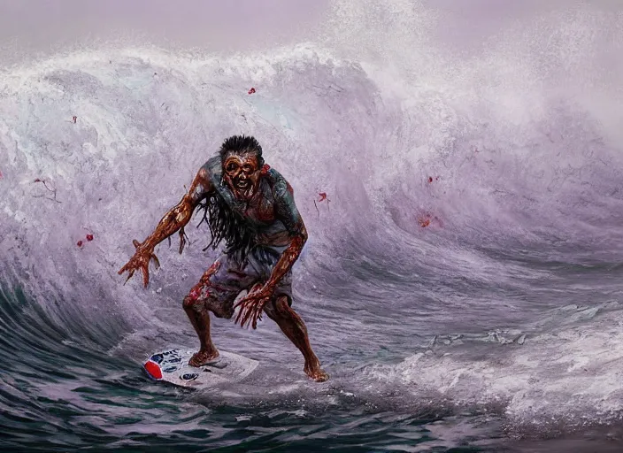 Prompt: a painting of a hawaiian zombie surfing a big wave, full body, an ultrafine detailed painting by james jean, cgsociety, figurative art, detailed painting, dystopian art, high detail,