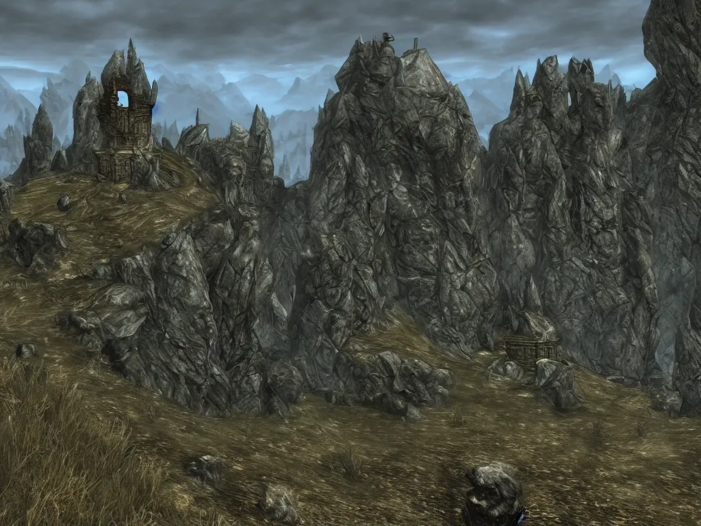 Image similar to beautiful landscape of skyrim, wizard tower