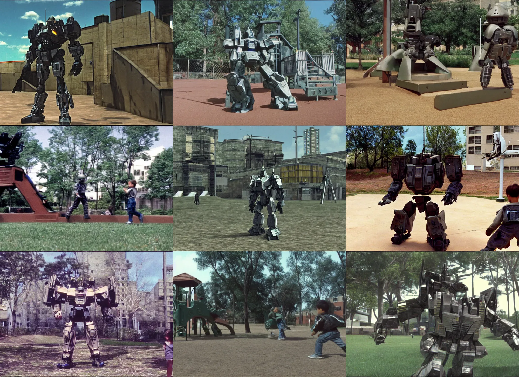 Image similar to home video footage, an armored core playing in the playground, 1 9 9 0