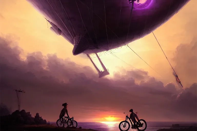 Prompt: kid rides a bicycle waving good bye to the airship at sunset, in the style of greg rutkowski, intricate and epic composition, purple by caravaggio, insanely quality, highly detailed, masterpiece, purple light, artstation, 4 k