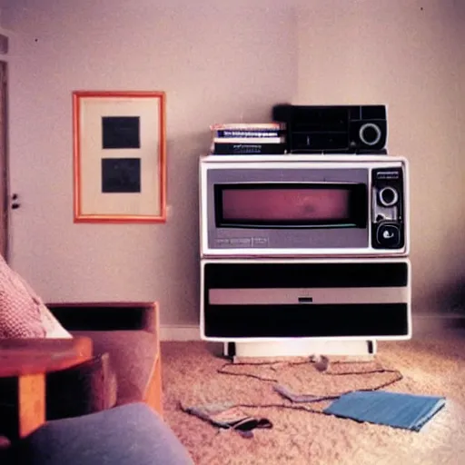 Prompt: a living room in 1982 A square CRT TV is on, with Netflix on the screen!!!!! The only light in the room is the light from TV. Polaroid photograph