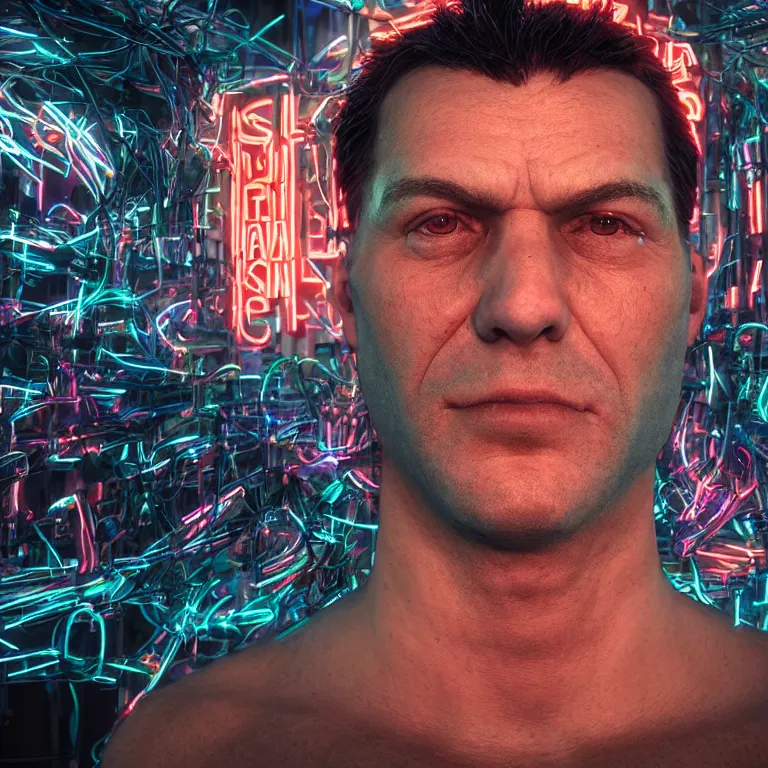 Image similar to octane render portrait by wayne barlow and carlo crivelli and glenn fabry, a giant huge muscular family made out of neon lights, cinema 4 d, ray traced lighting, very short depth of field, bokeh