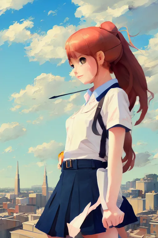 Image similar to gouache of a cute girl wearing school uniform standing on the edge of the roof of a tall building, 8 k wallpaper, strong brush stroke, very high detailed, sharp focus, illustration, morandi color scheme, art station, by krenz cushart