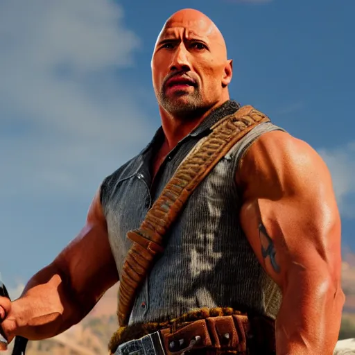 Prompt: High-quality screenshot of Dwayne The Rock Johnson in Red Dead Redemption 2, 8k cgsociety artstation