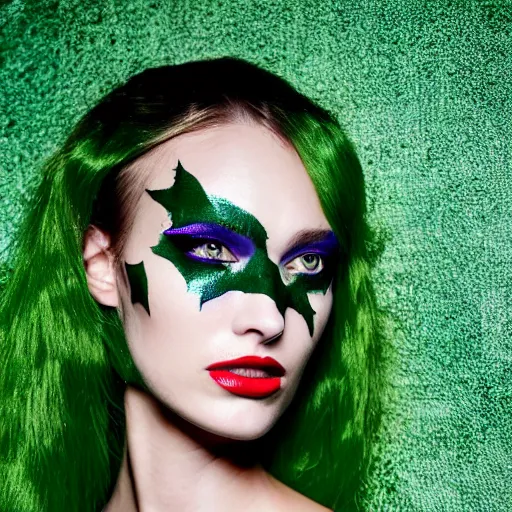 Image similar to A beautiful portrait of Daria Strokous as Poison Ivy from Batman and a model at Maybelline fashion show as a model Spring/Summer 2018, highly detailed, in the style of cinematic, Milan fashion week backstage, Extreme close up, Makeup by Pat McGrath, Hair by Guido Palau, Greg rutkowski