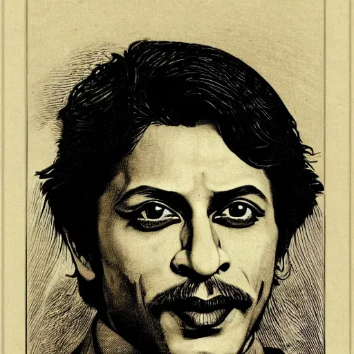 Prompt: A beautiful 19th century wood-engraving of Shah Rukh Khan, by Édouard Riou Jules Férat and Henri de Montaut, highly detailed, fine Art, high detail, masterpiece, illustration, clear eyes, trending on artstation