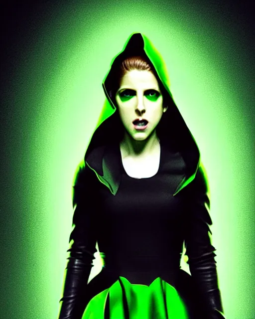 Prompt: David Belliveau art, cinematics lighting, beautiful Anna Kendrick supervillain, green dress with a black hood, angry, symmetrical face, Symmetrical eyes, full body, flying in the air over city, night time, red mood in background