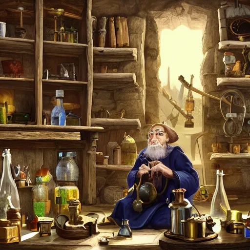 Prompt: An alchemist sitting in his workshop creating potions and formulas