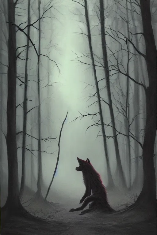 Image similar to dark and spooky woods featuring a menacing werewolf with glowing white eyes. atmospheric, foggy, oil painting on canvas. fairytale