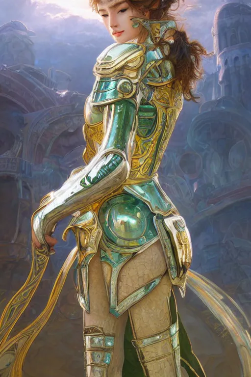 Image similar to portrait knights of Zodiac girl, metalic green and white reflected armor, in ruined Agora of Athens sunrise, ssci-fi, fantasy, intricate, very very beautiful, elegant, golden light, highly detailed, digital painting, artstation, concept art, smooth, sharp focus, illustration, art by tian zi and WLOP and alphonse mucha