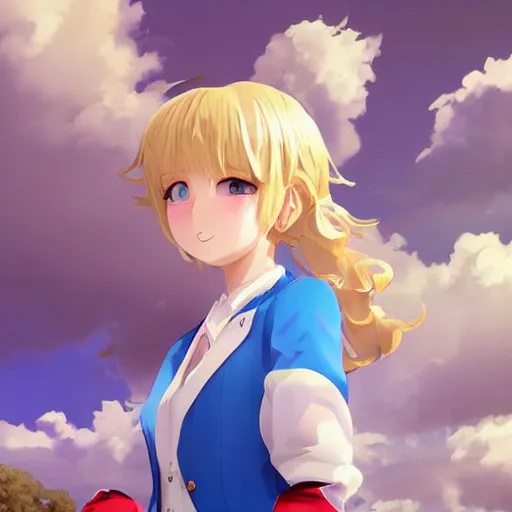 Prompt: blonde - haired princess, anime princess, wearing blue suit, golden hour, partly cloudy sky, sepia sun, strong lighting, strong shadows, vivid hues, ultra - realistic, sharp details, subsurface scattering, intricate details, hd anime, 2 0 1 9 anime