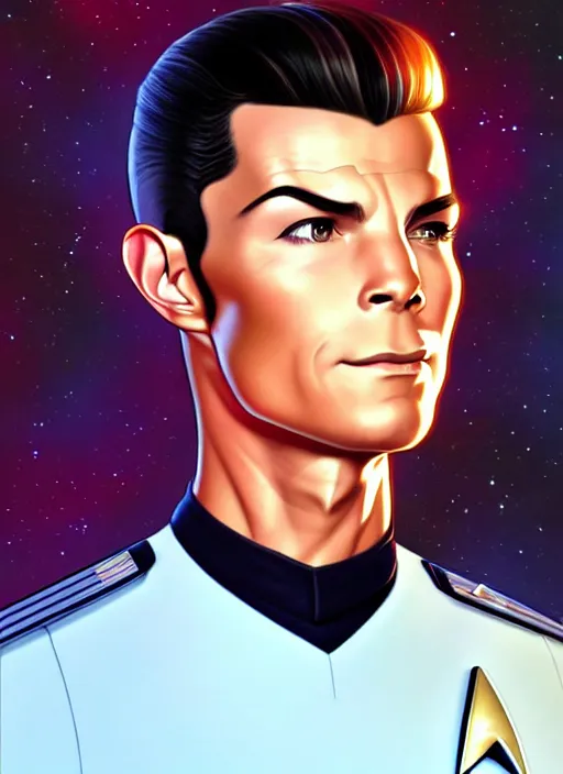 Prompt: cute star trek officer cristiano ronaldo, natural lighting, path traced, highly detailed, high quality, digital painting, by don bluth and ross tran and studio ghibli and alphonse mucha, artgerm