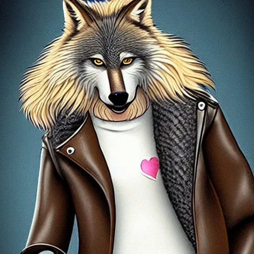 Image similar to award winning beautiful portrait commission of a male furry anthro wolf fursona with a bushy tail and a leather jacket, cute, beautiful, attractive, detailed,