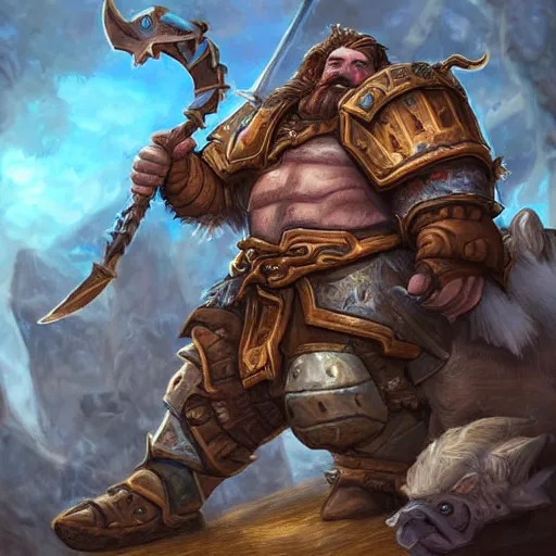 Image similar to a dwarf warrior riding on an armored boar, hearthstone coloring style, epic fantasy style art, fantasy epic digital art