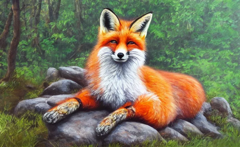 Prompt: a highly detailed fox sitting on a rock in the woods looking at the camera while the sun is shining, oil painting