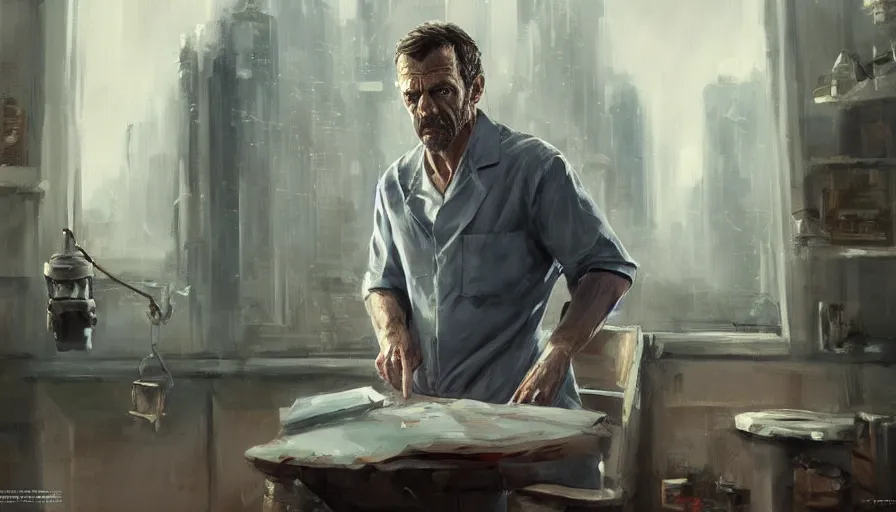 Image similar to concept art of dr house, wallpaper, cinematic shot, oil painting by jama jurabaev, extremely detailed, brush hard, artstation, high quality, brush stroke