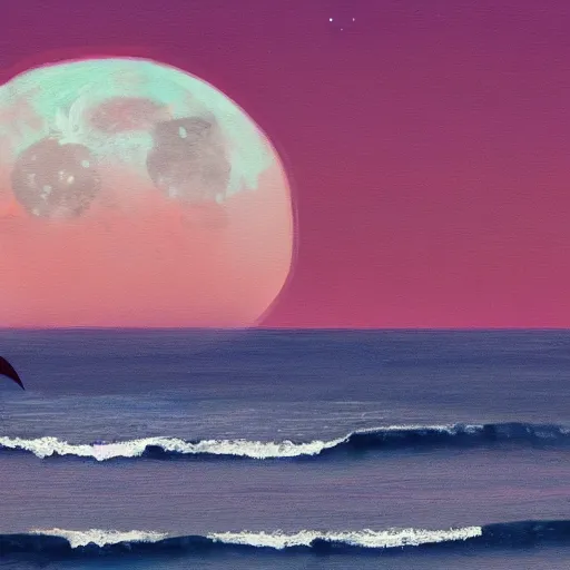 Image similar to painting of a moonrise over the atlantic ocean, kids surfing, boat in the distance, hazy islands can be seen in the distance, pink moon, faded orange sky, clouds, big waves, art by devin elle kurtz and james gurney, hd, high quality, 8 k, digital art, trending on artstation