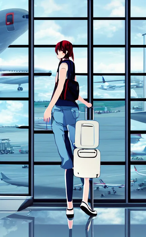 Image similar to a girl walking her luggage in front of the airport window, anime slice of life wallpaper, professional digital art, 4k ultra