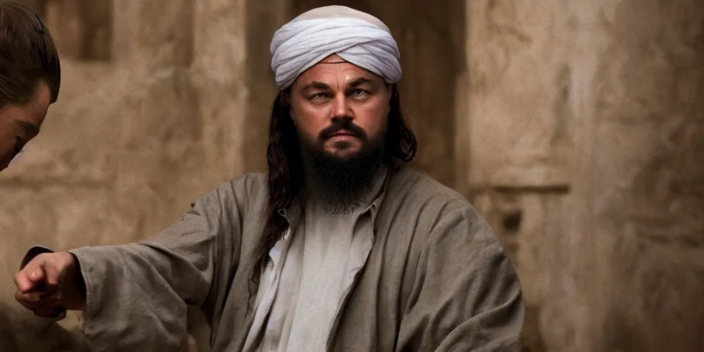 Prompt: Leonardo DiCaprio as Osama Bin Laden in 'Bin' (2024), movie still frame, oscar nominated cinematography, volumetric lighting, 8k resolution, beautiful composition