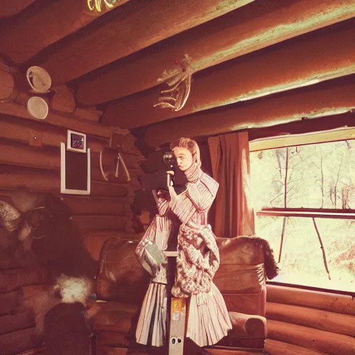 Image similar to medium format photograph of a surreal fashion shoot in a log cabin, camera flash