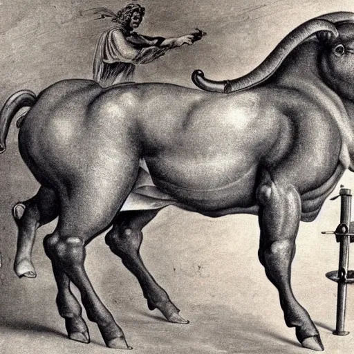 Image similar to beautiful photo of a minotaur, greek minotauros, minos bull, in greek mythology, a fabulous monster of crete that had the body of a man and the head of a bull seating on a barber stool in a barber shop