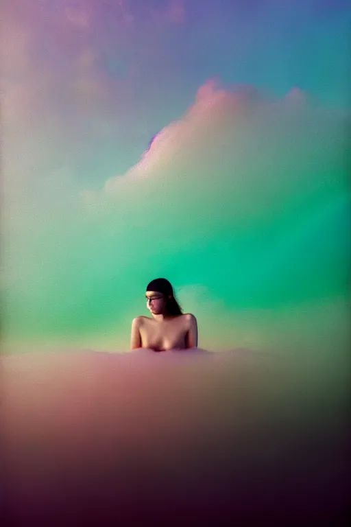 Image similar to high quality pastel coloured film close up wide angle photograph of a model wearing clothing swimming on cloud furniture in a icelandic black rock!! environment in a partially haze filled dreamstate world. three point light, rainbow. photographic production. art directed. pastel colours. volumetric clouds. pastel gradient overlay. waves glitch artefacts. extreme facial clarity. 8 k. filmic.