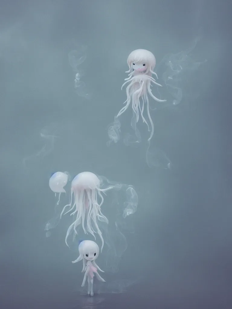 Image similar to cute fumo plush beautiful chibi ectoplasmic gothic skeletal jellyfish ghost girl, glowing milky wisps of hazy smoke and volumetric fog on a heavy rainstormy reflective river in the falling rain, lens flare, subsurface scattering, vignette, asymmetry, bokeh, refraction, vray