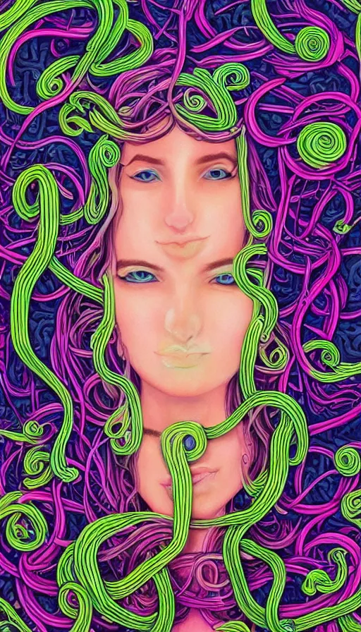 Prompt: very detailed portrait of a 2 0 years old girl surrounded by tentacles, the youg woman visage is blooming from fractal and vines, by lisa frank,