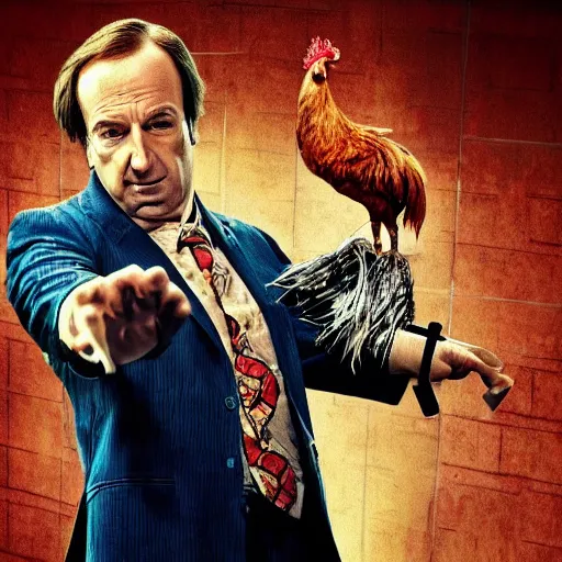 Image similar to saul goodman and a rooster in a saw movie torture chamber, saw movie jigsaw background, saul goodman, rooster, photo