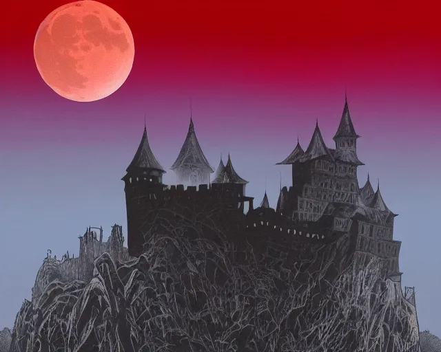 Image similar to dracula's castle rising up from the mist at night silhouetted by a single huge bloodmoon by dc comics, stunning, comic, pen and ink, slash page, highly detailed