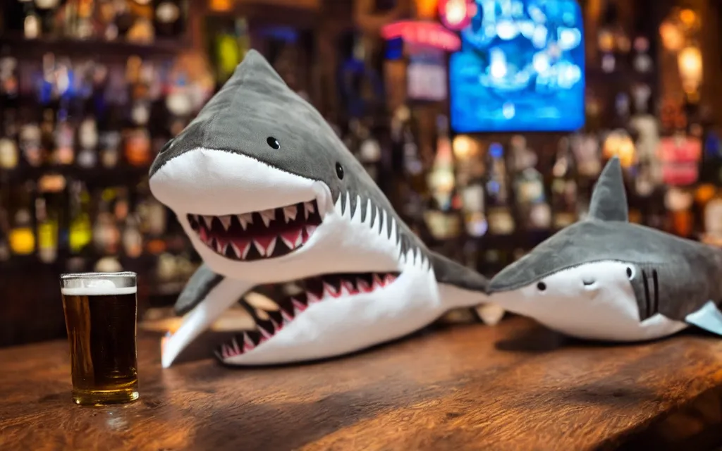 Prompt: Shark plush ordering a beer at a bar, stuffed toy, fish, dim lighting, 50mm, depth of field