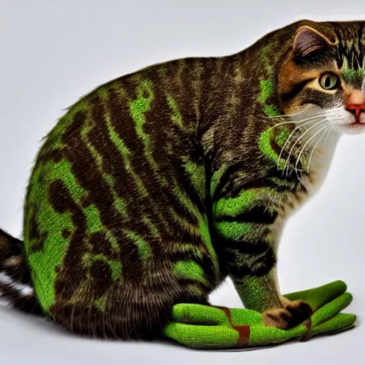 Image similar to cat in frog costume, nature photography