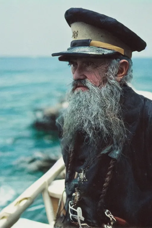 Prompt: a cinestill photograph of a grizzled old sea captain, cinestill film