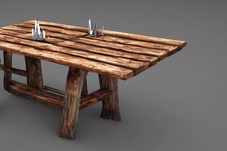 Image similar to a rustic rectangle wooden table with spikes sticking out of it. artstation highquality 4k