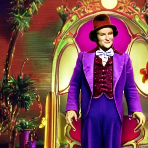 Image similar to stunning awe inspiring robin williams as willy wonka, movie still 8 k hdr atmospheric lighting