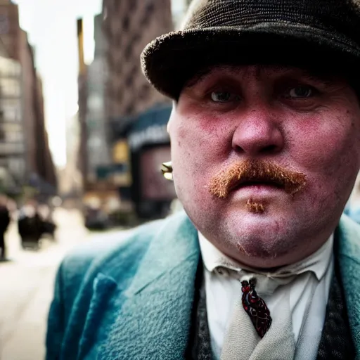 Image similar to closeup portrait of fat peaky blinders in a new york street, by Steve McCurry and David Lazar, natural light, detailed face, CANON Eos C300, ƒ1.8, 35mm, 8K, medium-format print