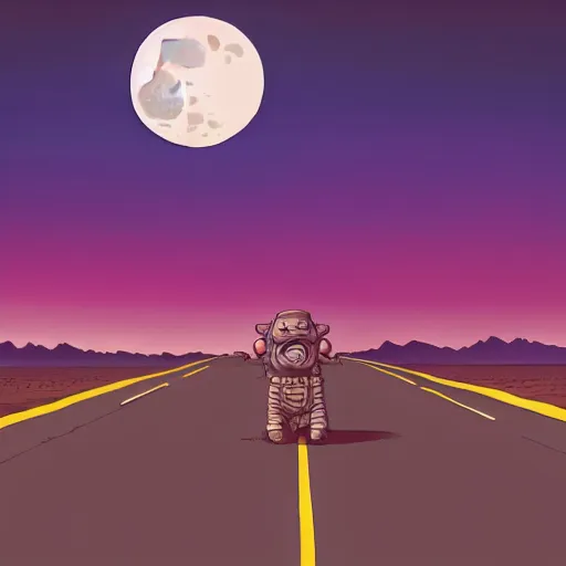 Image similar to a study of cell shaded cartoon giant gods on a desert road, in front of a big moon, full body, wide shot, very muted colors, post grunge, studio ghibli, laurie greasley, highly detailed, deviantart, art by artgem