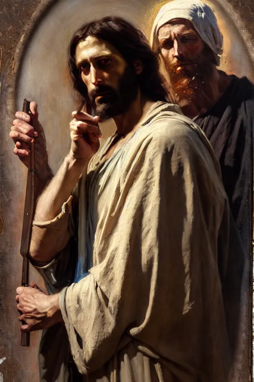 Image similar to photograph imax and solomon joseph solomon and richard schmid and jeremy lipking victorian loose genre loose painting full length portrait painting of jesus