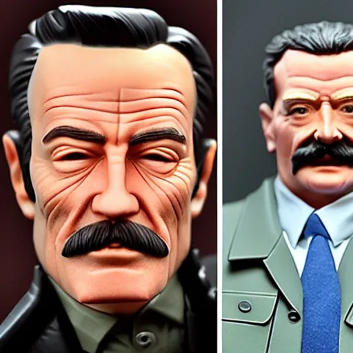 Image similar to wax figures of bryan cranston selling a ziploc of baby blue meth to stalin