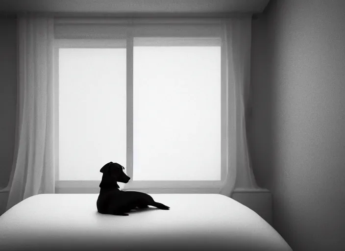 Image similar to photography of a Jack Russel watching outside the window on a bed in a 3d rendered white room, octane render, 3d, foggy, volumetric light, volumetric fog, photorealistic, unreal engine 5, award winning photo, 100mm, sharp, cloth, high res