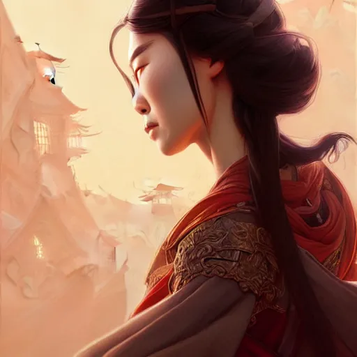 Image similar to Mulan, D&D, fantasy, intricate, elegant, highly detailed, digital painting, artstation, concept art, matte, sharp focus, illustration, art by Artgerm and Greg Rutkowski and Alphonse Mucha