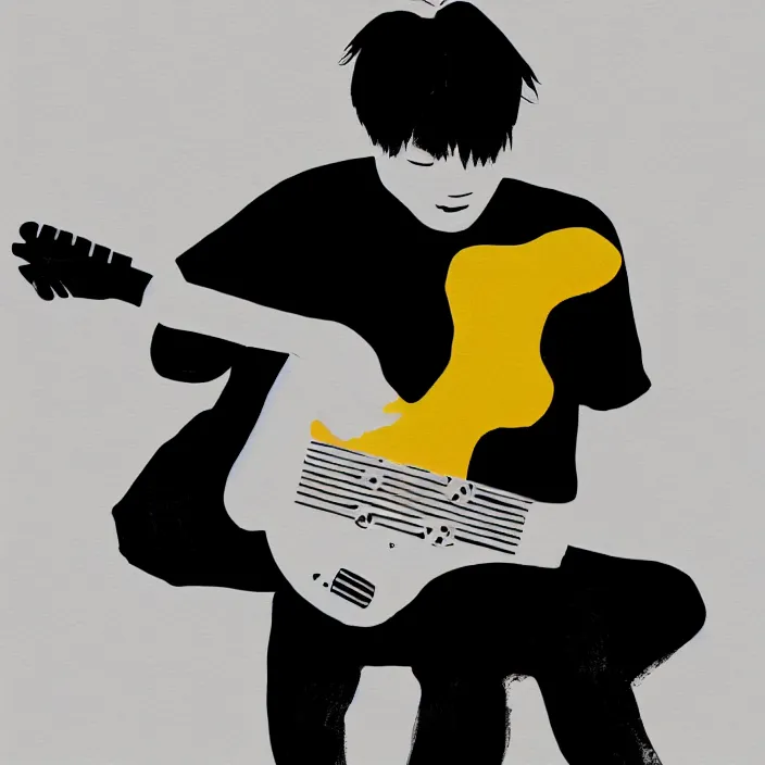 Image similar to minimal brush painting of a young korean man wearing black t shirt holding a telecaster electric guitar!!, dark background, huge dramatic brush strokes, matte colors, abstract, masterpiece, trending on artstation